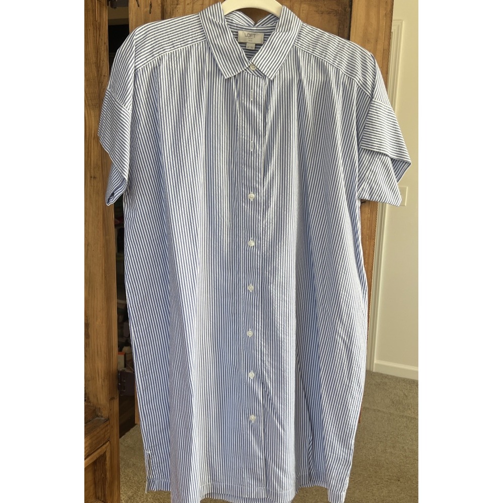 Loft Outlet Petite Light, Blue, And White Striped Dress Short Sleeve Button Down